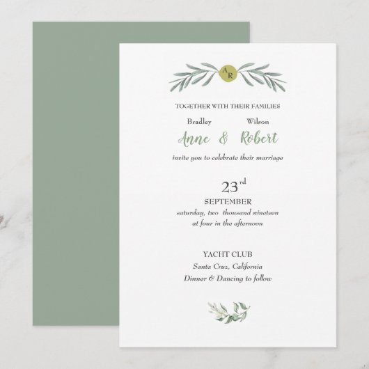 Invitation Mariage Italien Jardin Vert Feuille Gold Circle (Devant / Derrière)