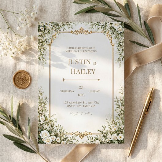 Invitation Mariage Ivory Rose Orné Bordure Dorée
