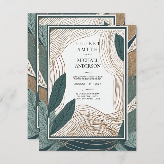 Invitation Mariage japonais scandinave Abstrait vert Turquois (Devant / Derrière)