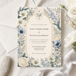 Invitation Mariage Jardin d'Hiver Monogramme Floral Bleu Iv