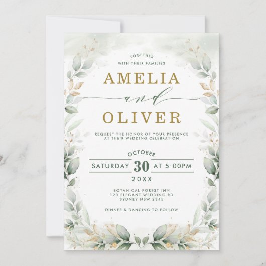 Invitation Mariage Jardin Eucalyptus Leafy Or Vert Chic (Devant)