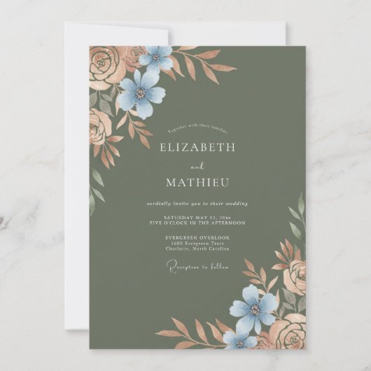 Invitation Mariage Jardin Olive Azur Fleur (Devant)
