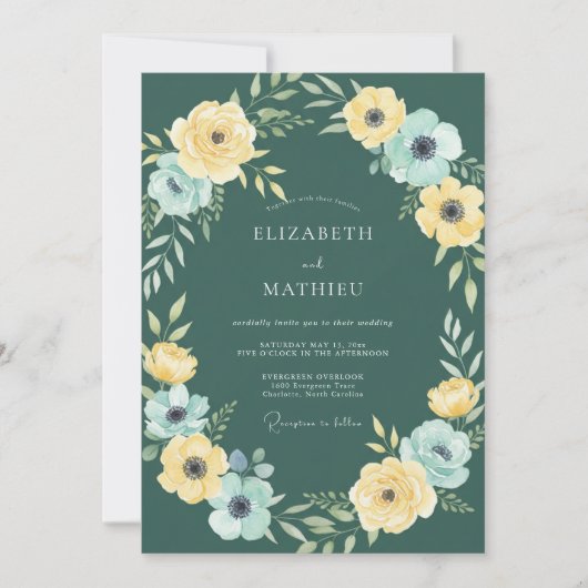 Invitation Mariage Jaune Aqua Feuillage Eucalyptus (Devant)