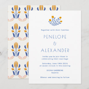 Invitation Mariage Jaune Bleu Folk Floral Moderne
