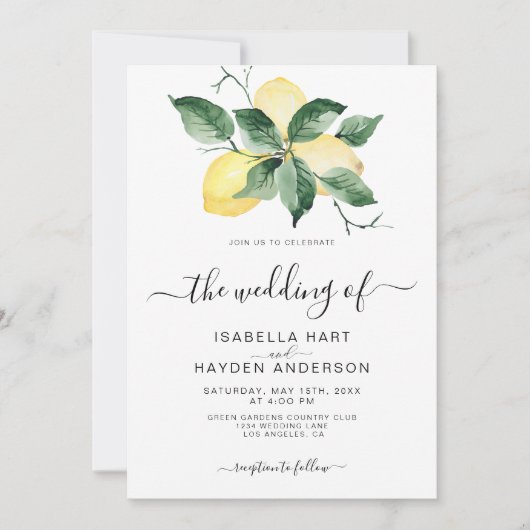 Invitation Mariage Jaune Citron Fruits Jardin Été Verdure (Devant)