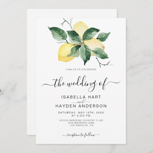 Invitation Mariage Jaune Citron Fruits Jardin Été Verdure (Devant / Derrière)