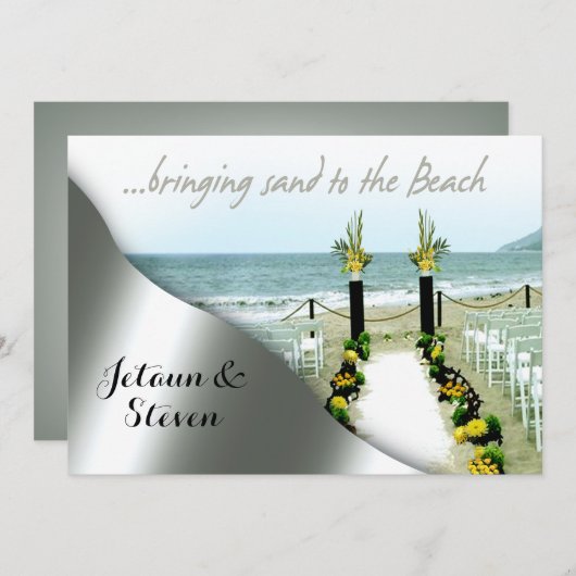 Invitation Mariage jaune et gris sur la plage (Devant / Derrière)