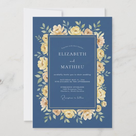Invitation Mariage Jaune Éthéré Navy Fleur (Devant)