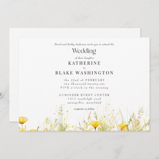 Invitation Mariage jaune Fleur sauvage coloré II (Devant / Derrière)