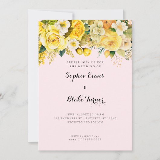 Invitation Mariage Jaune Fleurs Jaunes Roses (Devant)