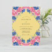 Invitation Mariage Jaune Magenta Cobalt Bloom (Debout devant)