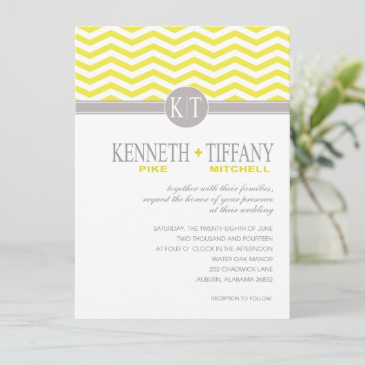 Invitation Mariage jaune Monogramme Mitchell Chevron (Debout devant)