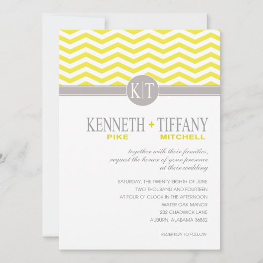 Invitation Mariage jaune Monogramme Mitchell Chevron (Devant)
