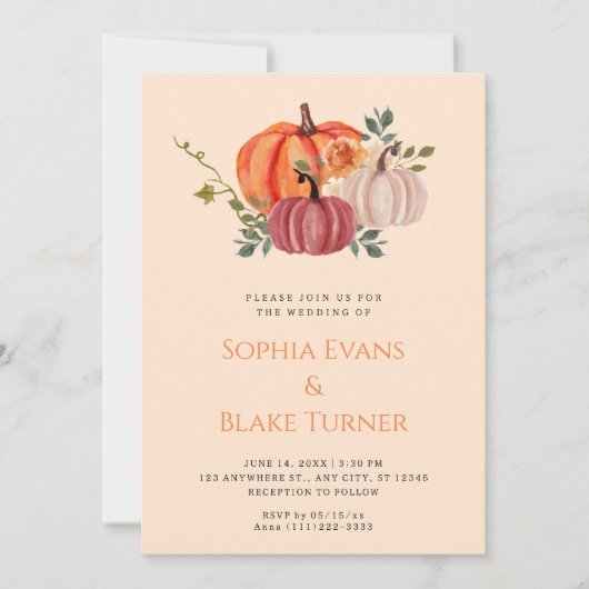 Invitation Mariage jaune orange, violet et Citrouille blanc (Devant)