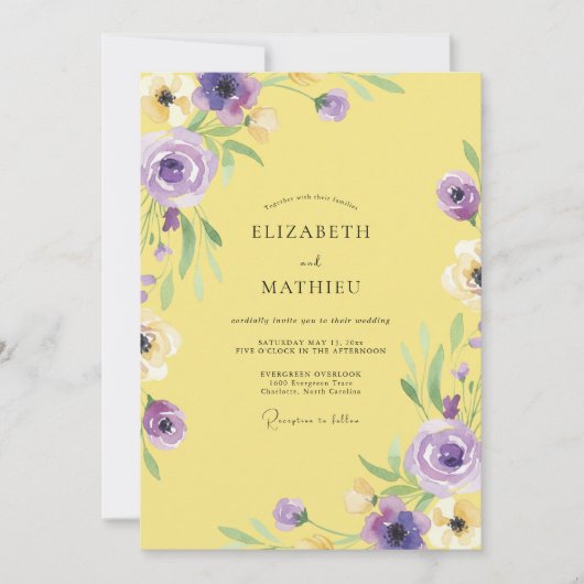 Invitation Mariage Jaune Renoncule Pourpre Eucalyptus (Devant)