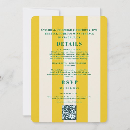 Invitation Mariage Jaune Vert Rayé Rétro Funky (Dos)