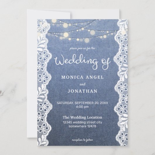 Invitation Mariage Jean Lace & Guirlandes Lumineuses (Devant)