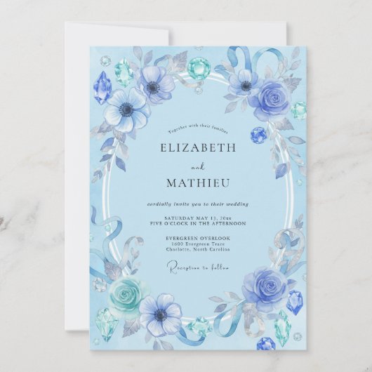 Invitation Mariage joyau aquarelle azur (Devant)