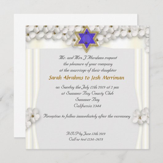 Invitation Mariage juif à baldaquin de fleurs blanches (Devant / Derrière)