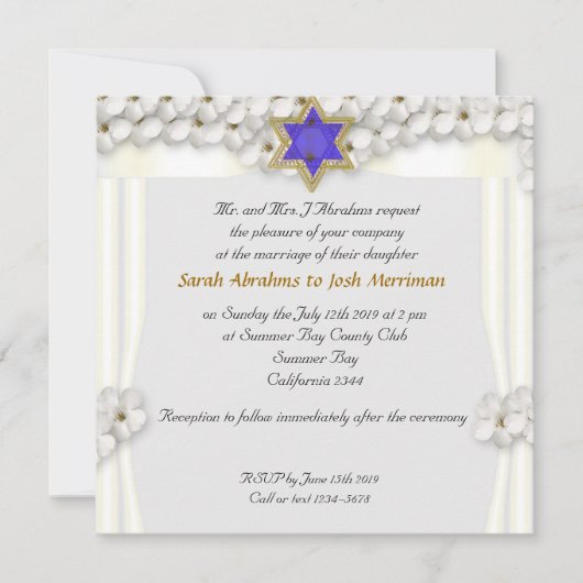Invitation Mariage juif à baldaquin de fleurs blanches (Devant)
