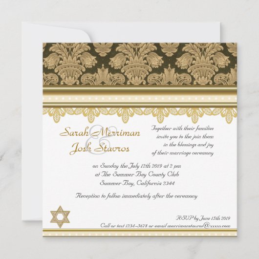 Invitation Mariage juif de brocard de damassé d'or (Devant)