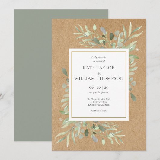 Invitation Mariage Kraft Feuilles de printemps verdure (Devant / Derrière)