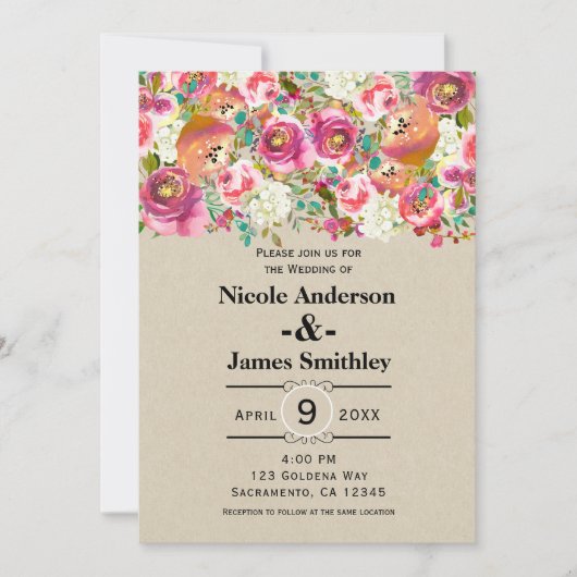 Invitation Mariage Kraft Monogramme Chic Rustique Floral Élég (Devant)