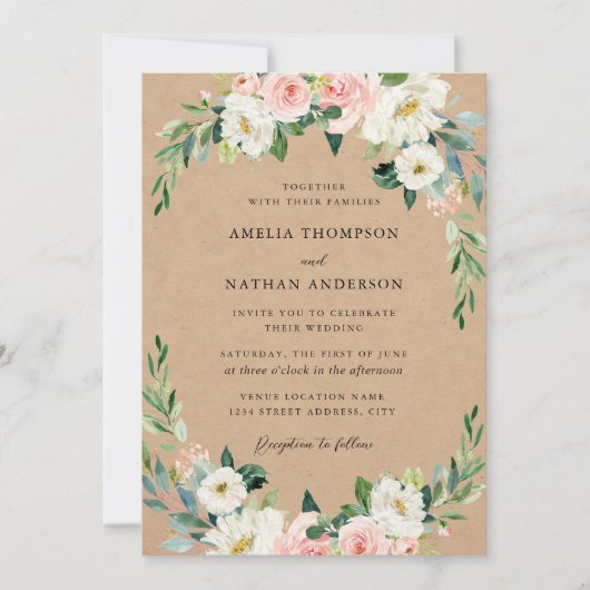 Invitation Mariage Kraft Rustique à l'Arche Florale Rose (Devant)
