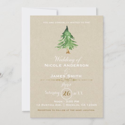 Invitation Mariage Kraft Rustique Arbre De Pin Aquarelle (Devant)