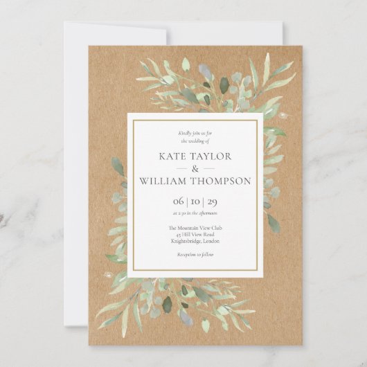Invitation Mariage Kraft Rustique Feuillage Aquarelle (Devant)