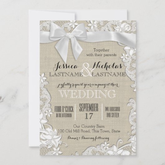 Invitation Mariage Lace et Bow Pays Rustique (Devant)