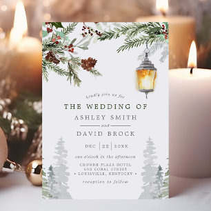 Invitation Mariage Lanterne Botanique Pins Rustique Hiver