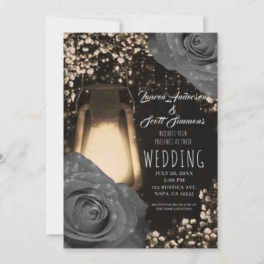 Invitation Mariage Lanterne Rustique Gris Roses (Devant)