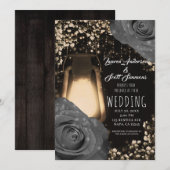 Invitation Mariage Lanterne Rustique Gris Roses (Devant / Derrière)