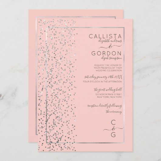 Invitation Mariage latéral Confetti Parties scintillant argen (Devant / Derrière)