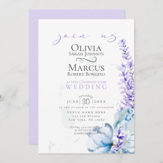 Invitation Mariage | Lavande d'aquarelle - Flore bleu poussié (Devant / Derrière)