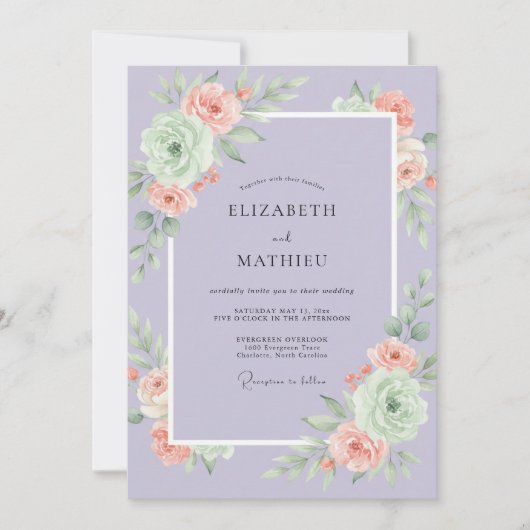 Invitation Mariage Lavande Pêche Paeonie (Devant)