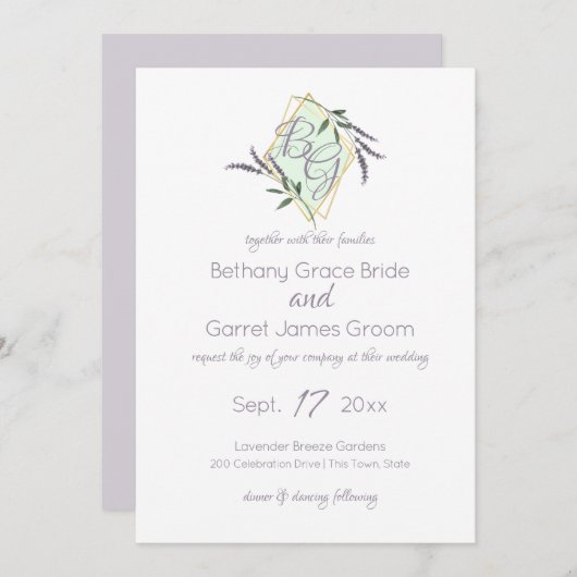 Invitation Mariage Lavender et Sage Monogram (Devant / Derrière)
