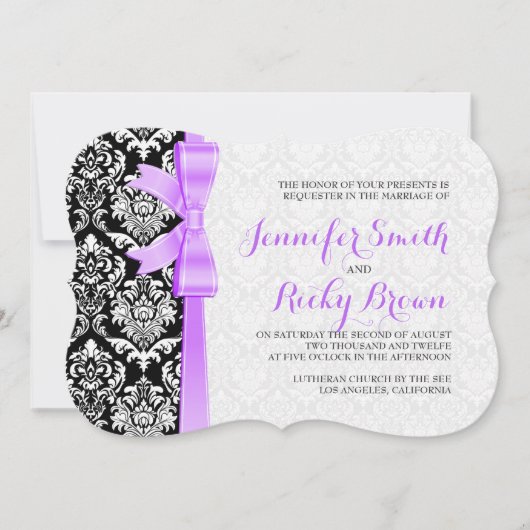 Invitation Mariage Lavender Ruban Noir Et Blanc Damas (Devant)