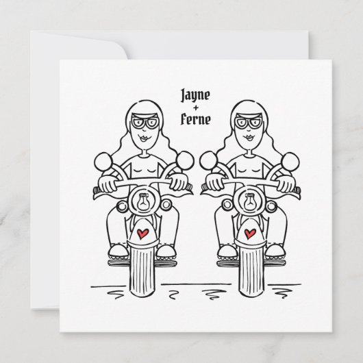 Invitation Mariage lesbienne de moto de deux mariées sur mesu (Devant)