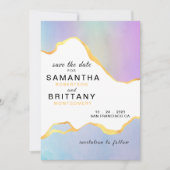 Invitation Mariage LGBT Arc-en-ciel Aquarelle Or Save the Dat (Devant)