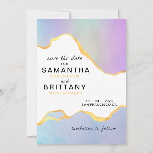 Invitation Mariage LGBT Arc-en-ciel Aquarelle Or Save the Dat (Devant)