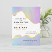 Invitation Mariage LGBT Arc-en-ciel Aquarelle Or Save the Dat (Debout devant)