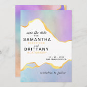 Invitation Mariage LGBT Arc-en-ciel Aquarelle Or Save the Dat (Devant / Derrière)