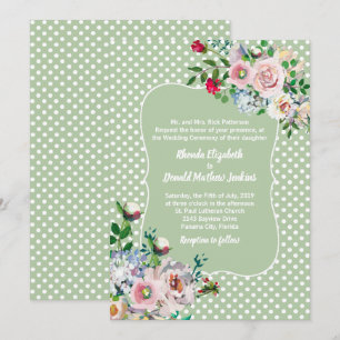 Invitation Mariage Light Sage avec Points Blancs et Fleurs