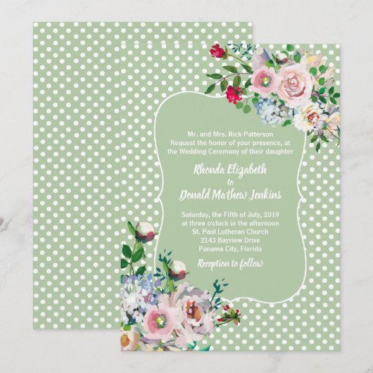 Invitation Mariage Light Sage avec Points Blancs et Fleurs (Devant / Derrière)