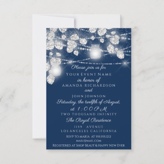 Invitation Mariage Lights Jars Parties scintillant gris bleu (Devant)