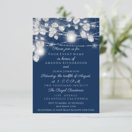 Invitation Mariage Lights Jars Parties scintillant gris bleu  (Debout devant)