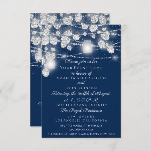Invitation Mariage Lights Jars Parties scintillant gris bleu  (Devant / Derrière)