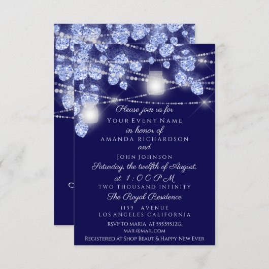 Invitation Mariage Lights Jars Russe Parties scintillant Bleu (Devant / Derrière)